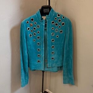 Cache Aqua Suede Jacket and Skirt with Grommets